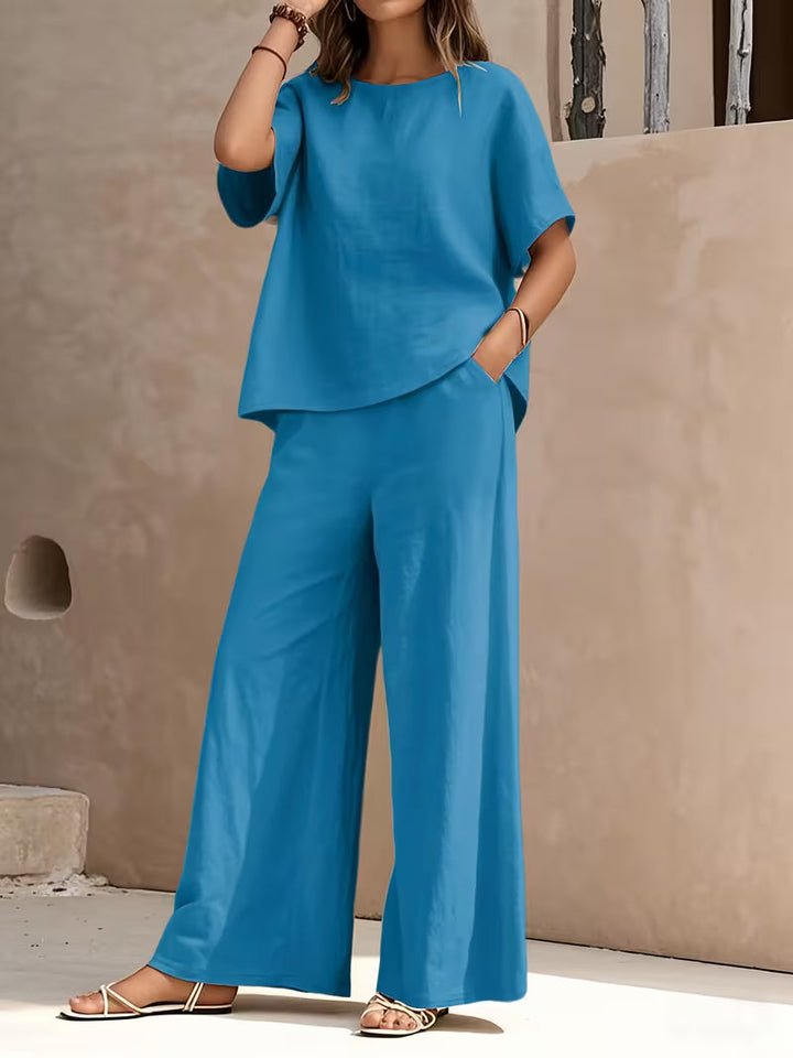 Josy - Ensemble Pantalon à Jambes Larges et Haut à Manches Courtes