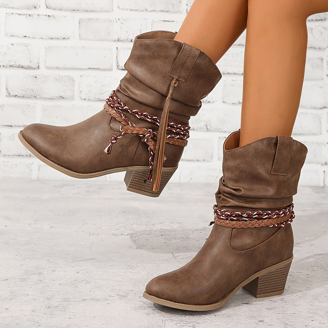 Asenath - Elegant Rope Chunky Heel Boots