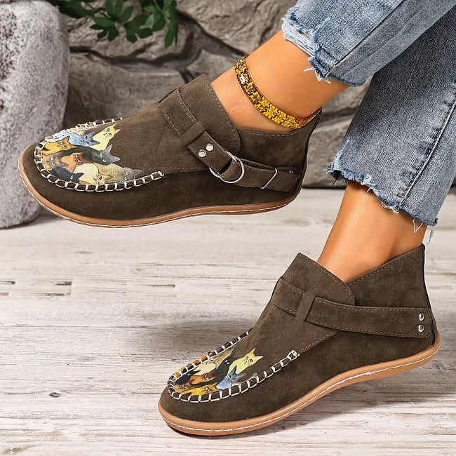 Viktoriy - Bottines Plates à Imprimé Chat et Boucle