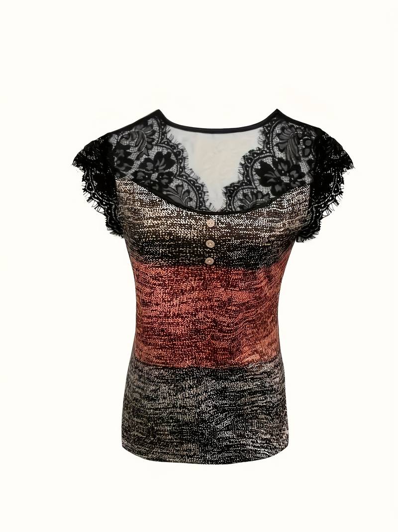 Sydona - T-shirt Décontracté À Col en Dentelle Et Manches Courtes