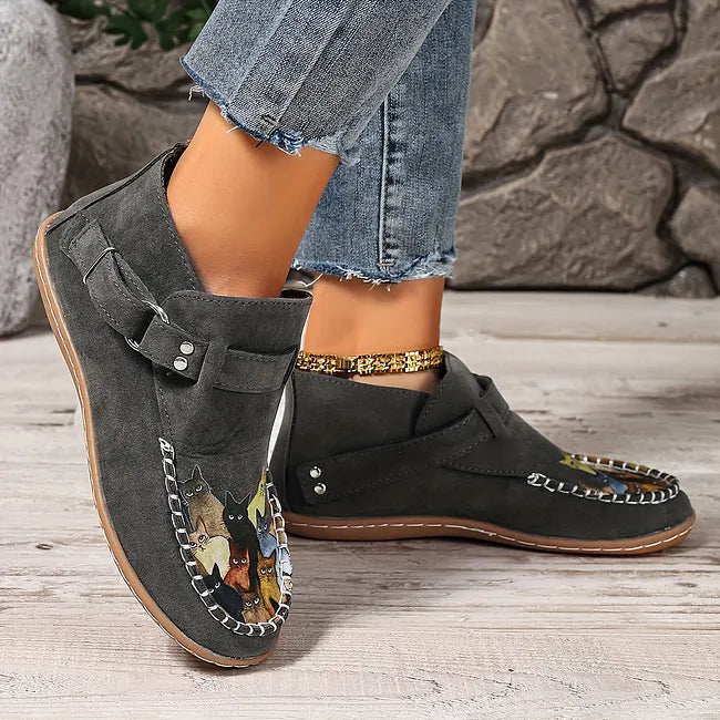 Viktoriy - Bottines Plates à Imprimé Chat et Boucle