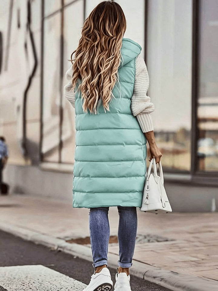 Maryanne - Gilet Matelassé Long à Capuche et Poches