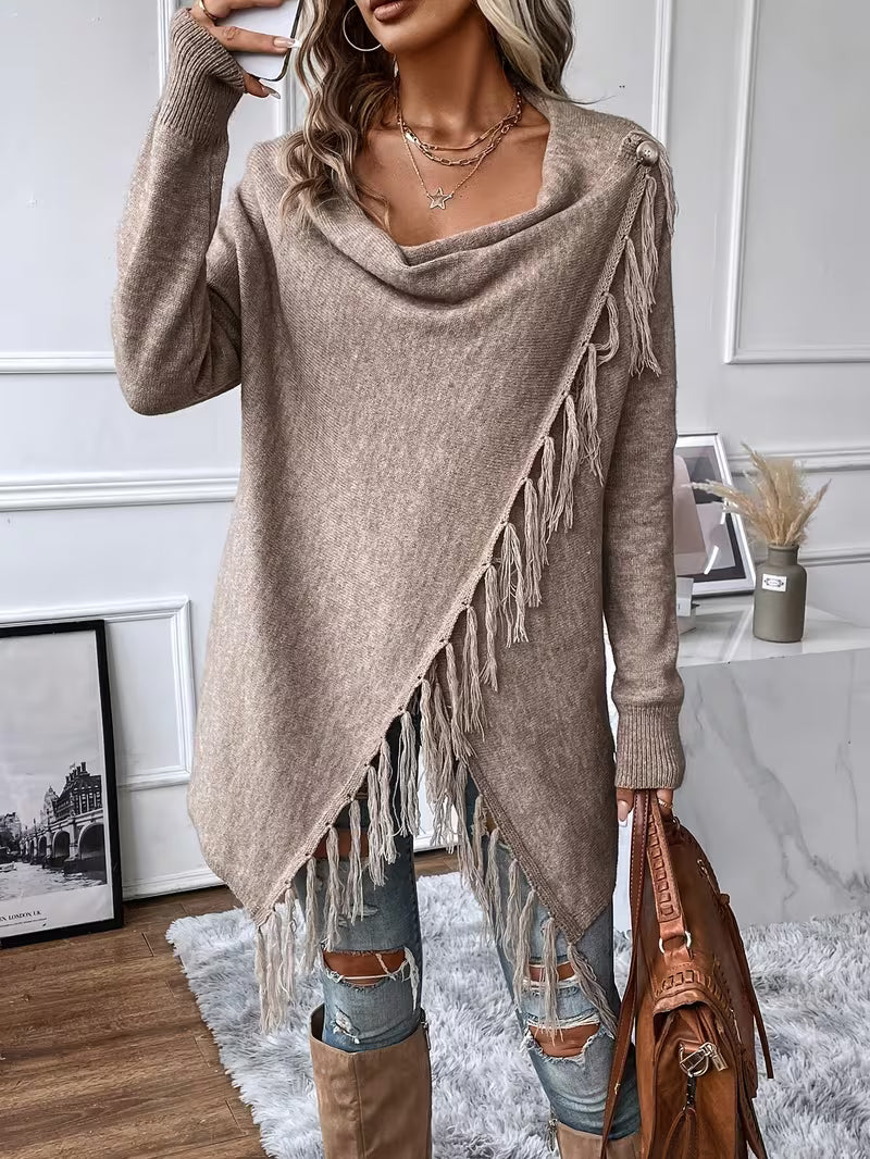 Busra - Cardigan Drapé AU Niveau Du Cou, Avec Bordure À Franges