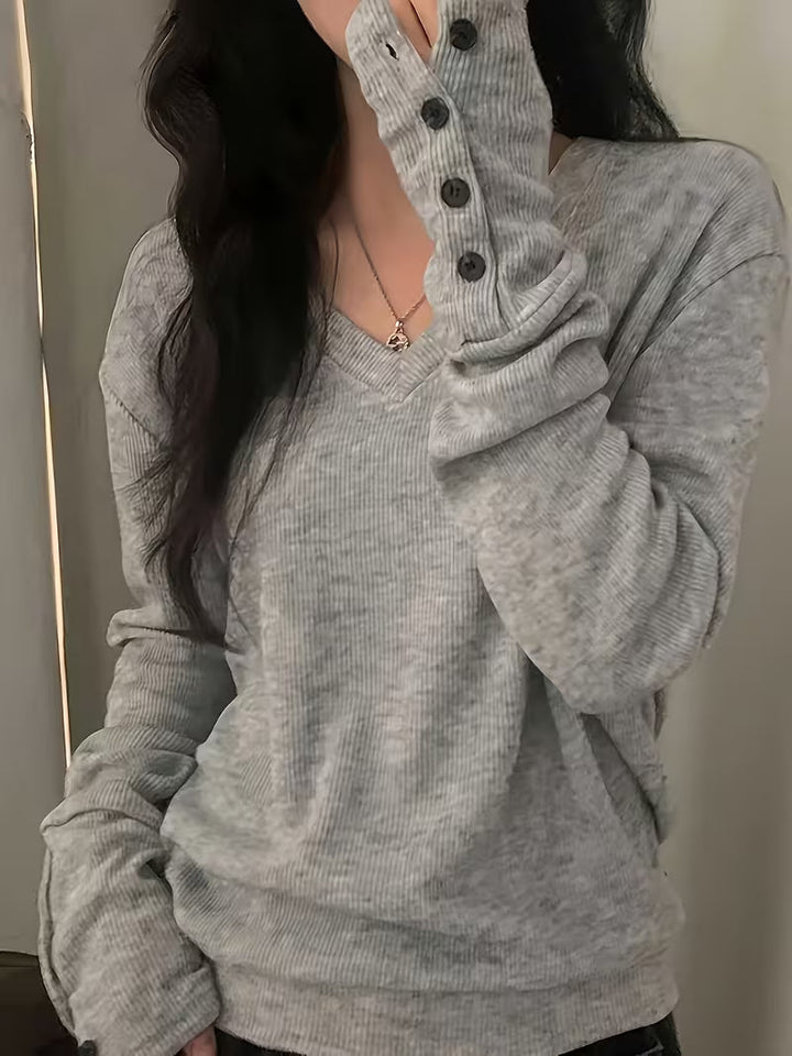Kebina - Pull À Col en V, en Maille Côtelée, Avec Poignets Boutonnés