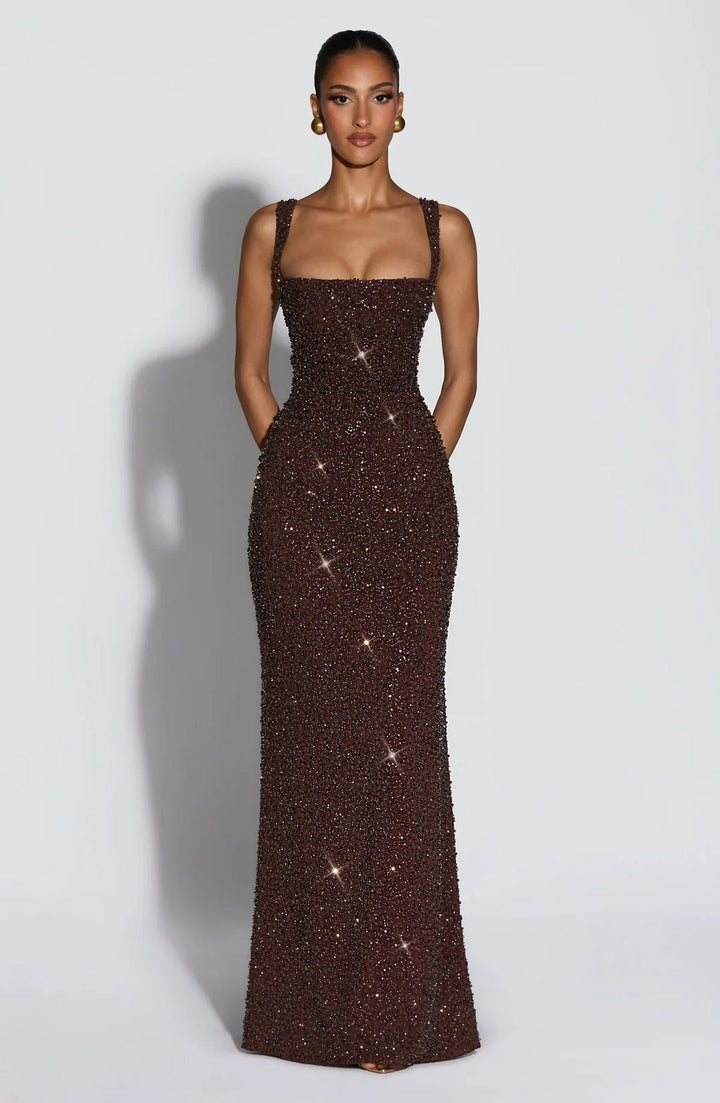 Rekina - Robe Longue à Paillettes Et Encolure Carrée