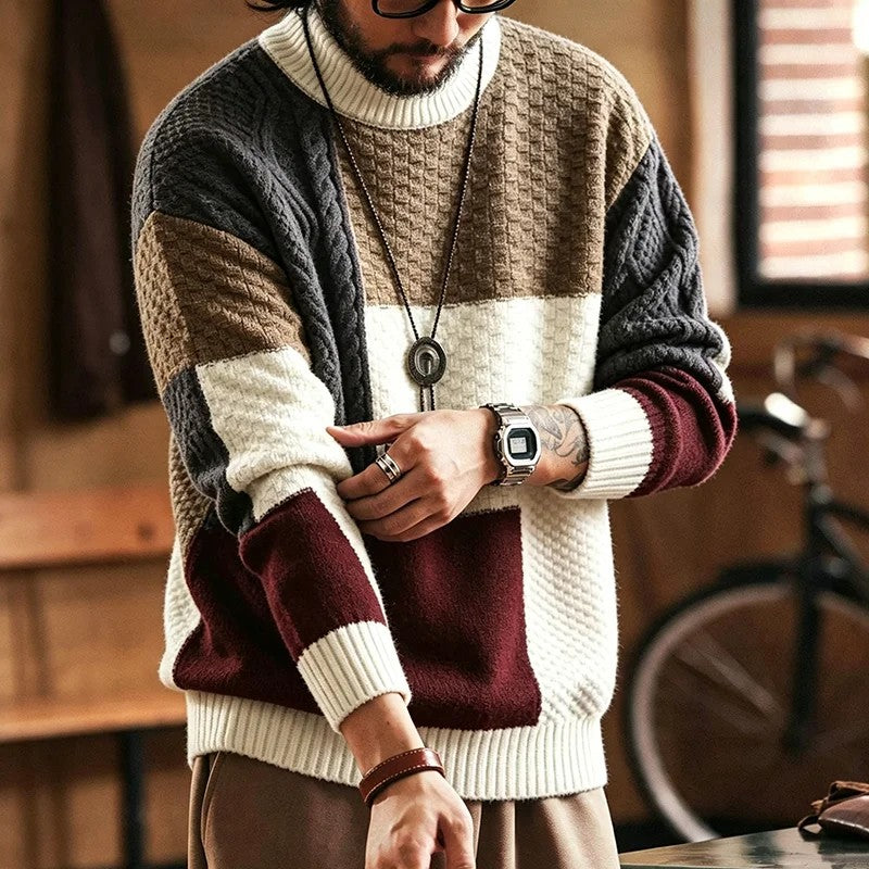 Trevon - Pull en Maille Torsadée Patchwork