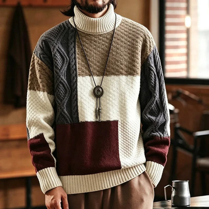 Trevon - Pull en Maille Torsadée Patchwork