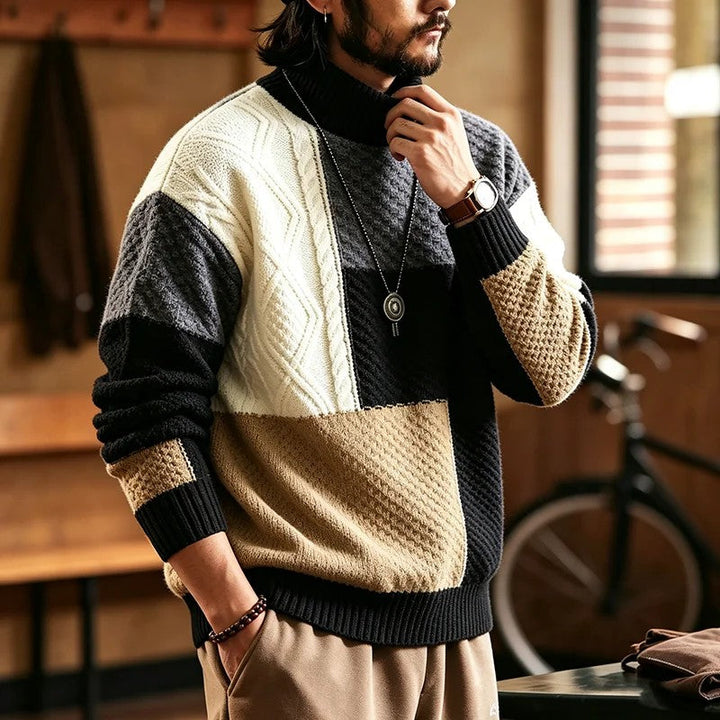 Trevon - Pull en Maille Torsadée Patchwork