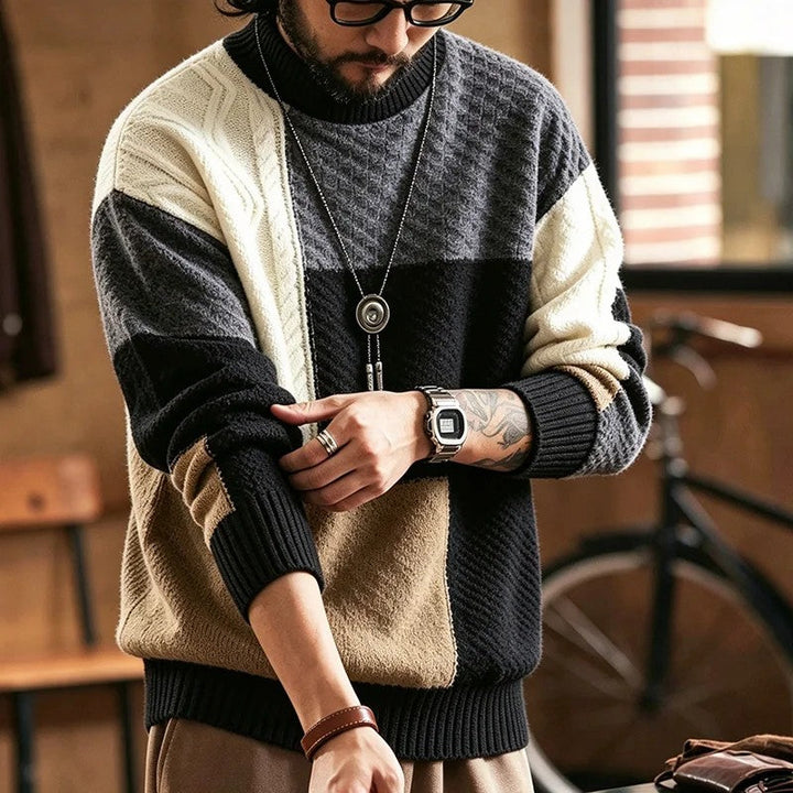 Trevon - Pull en Maille Torsadée Patchwork