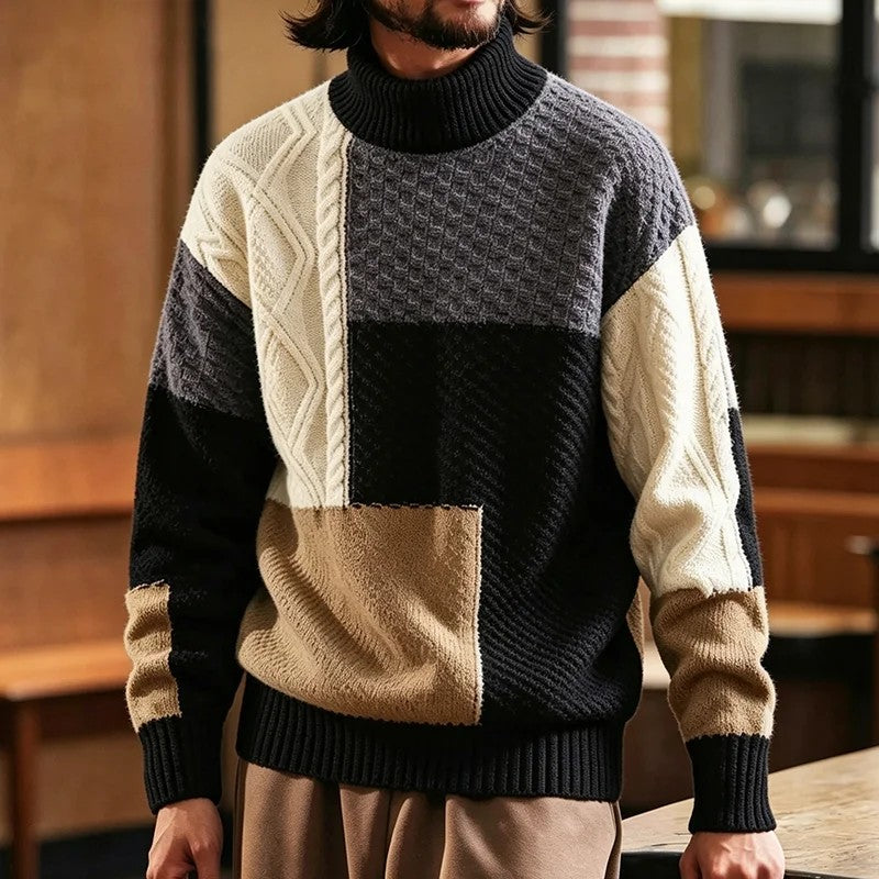 Trevon - Pull en Maille Torsadée Patchwork