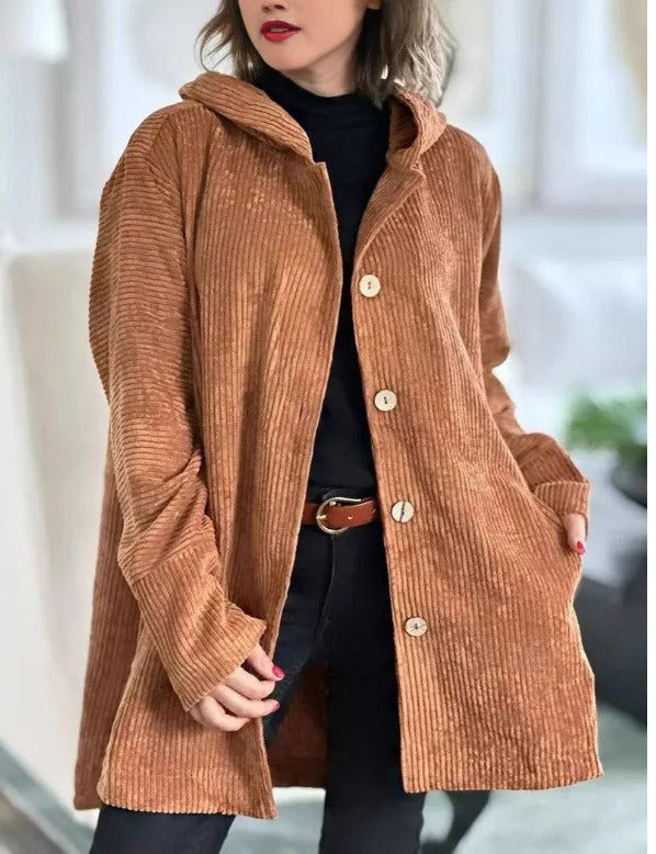 Tezila - Manteau Chic À Capuche en Velours Côtelé