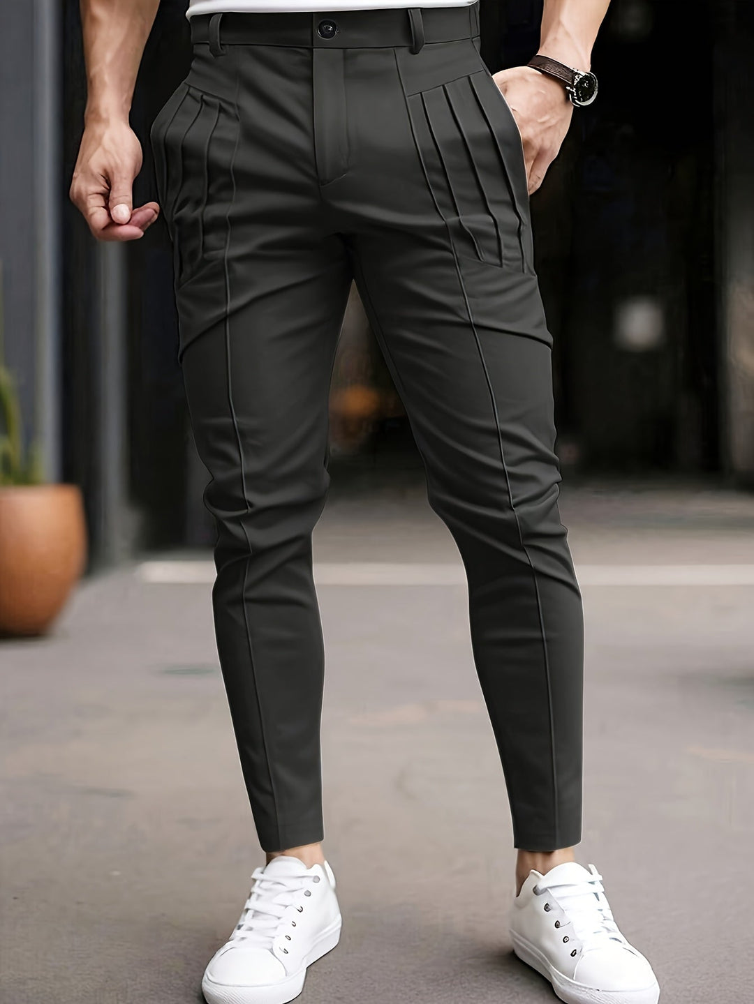 Alexey - Pantalon Décontracté À Coupe Ajustée À Plis Et Poches en Biais