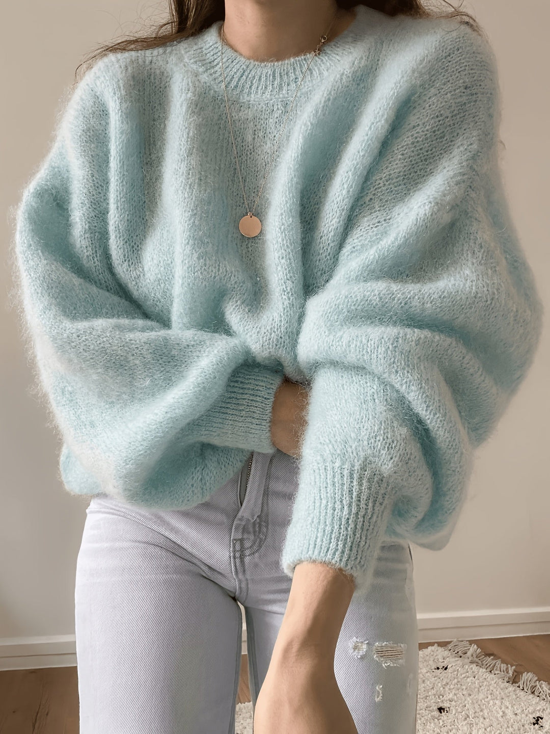 Margaretha - Pull en Maille à Col Rond et Manches Bouffantes