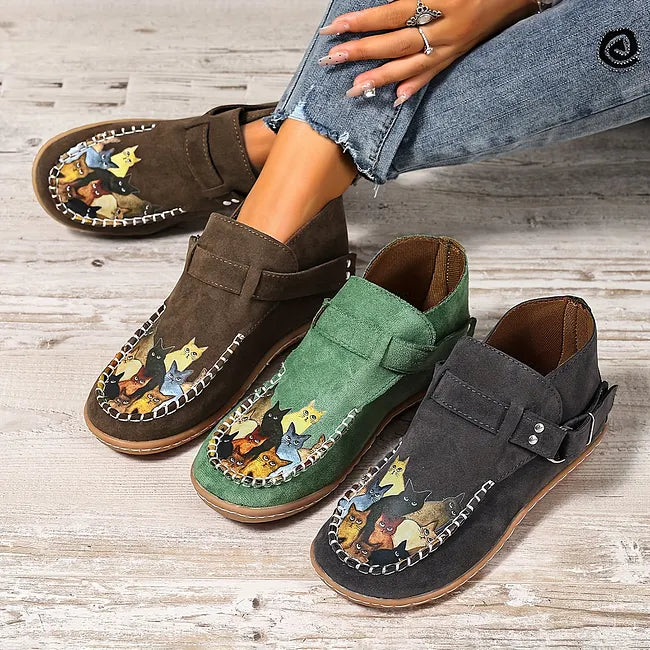 Viktoriy - Bottines Plates à Imprimé Chat et Boucle