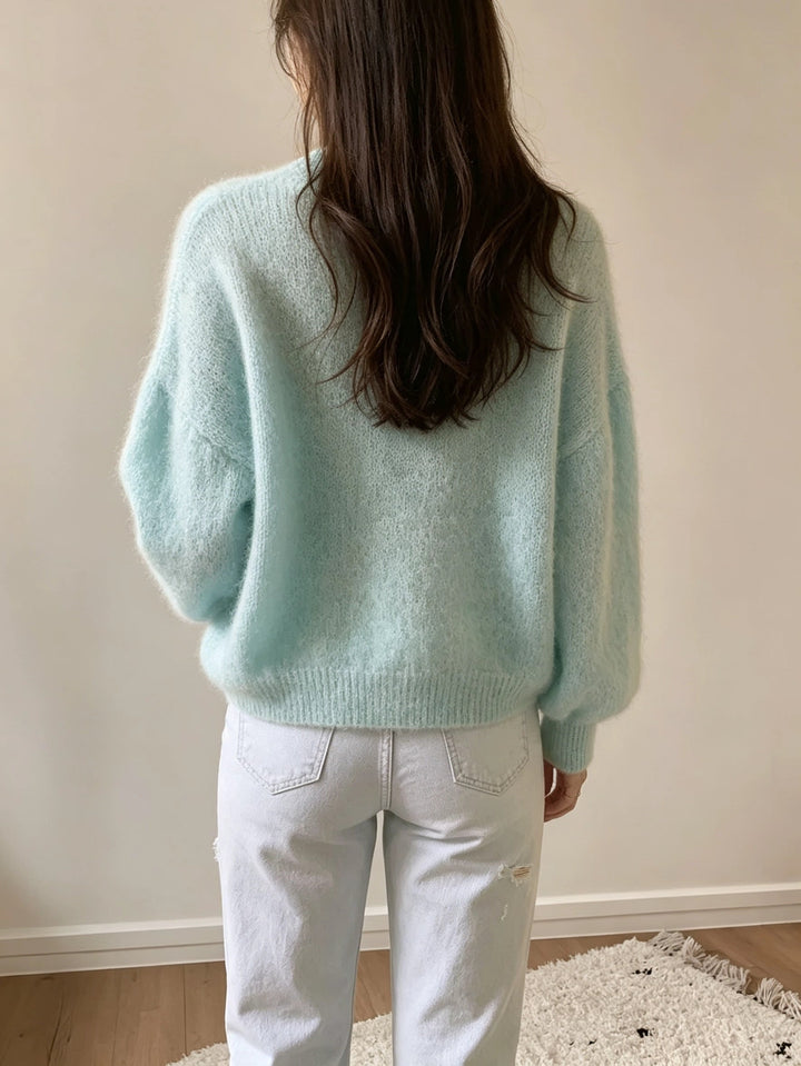 Margaretha - Pull en Maille à Col Rond et Manches Bouffantes