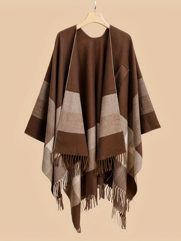 Kyrine - Poncho Châle À Franges Et Motifs Géométriques