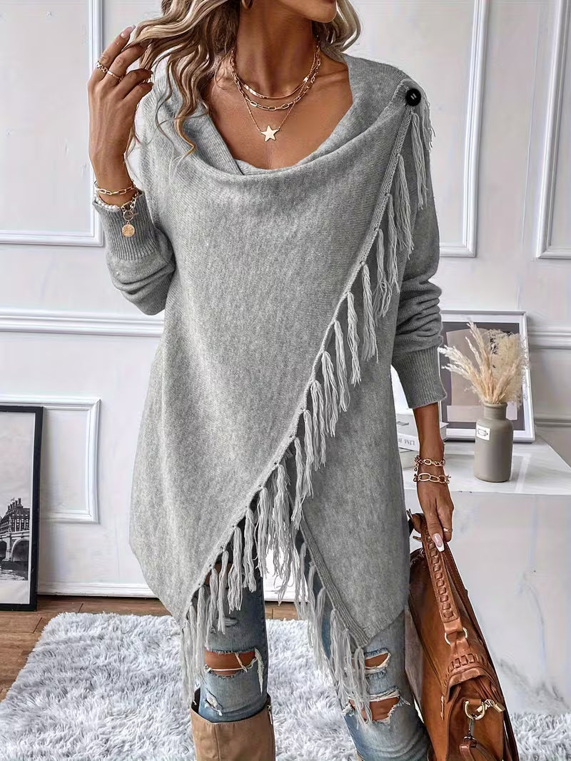 Busra - Cardigan Drapé AU Niveau Du Cou, Avec Bordure À Franges