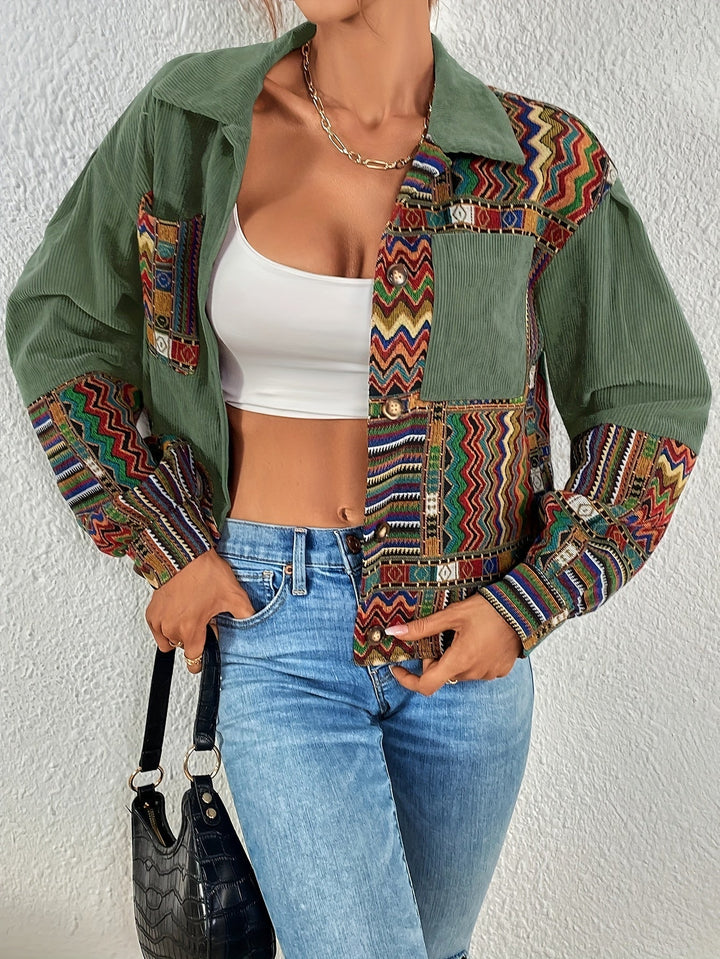 Amelina - Veste Boutonnée en Velours Côtelé Patchwork Style Bohème