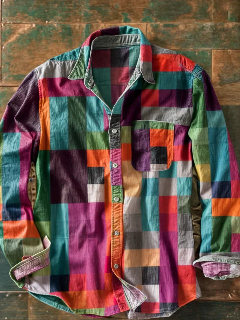 Jhoanny - Chemise À Manches Longues À Imprimé Géométrique Patchwork