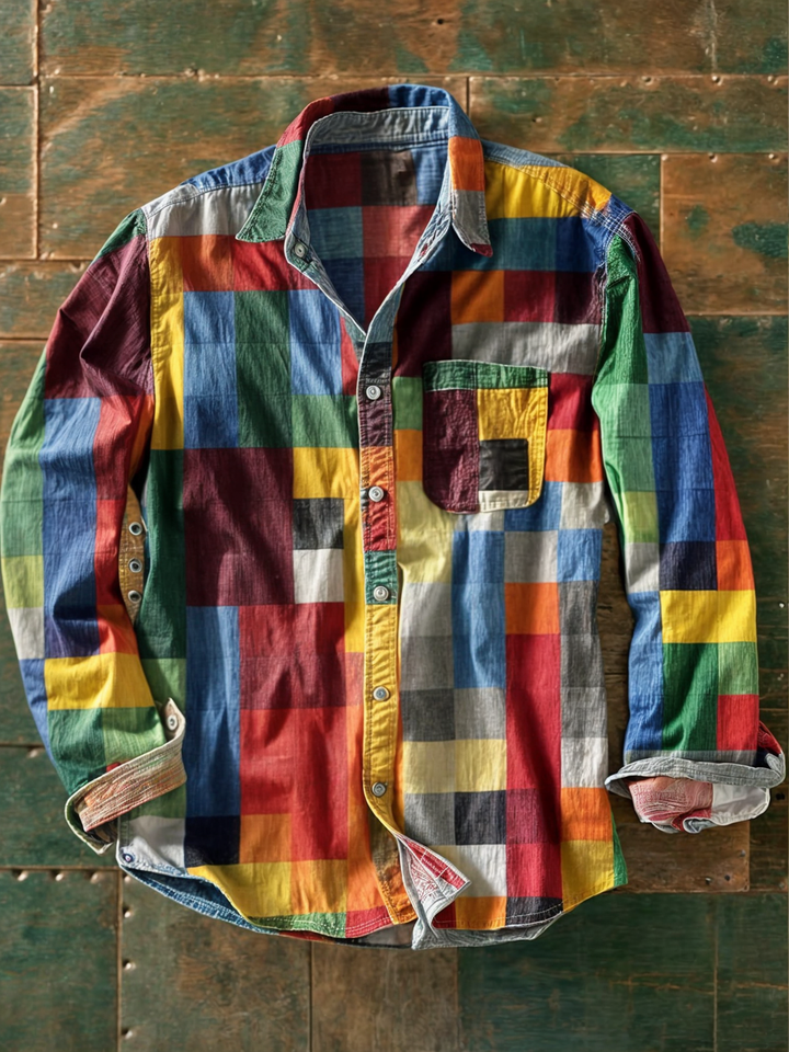 Jhoanny - Chemise À Manches Longues À Imprimé Géométrique Patchwork