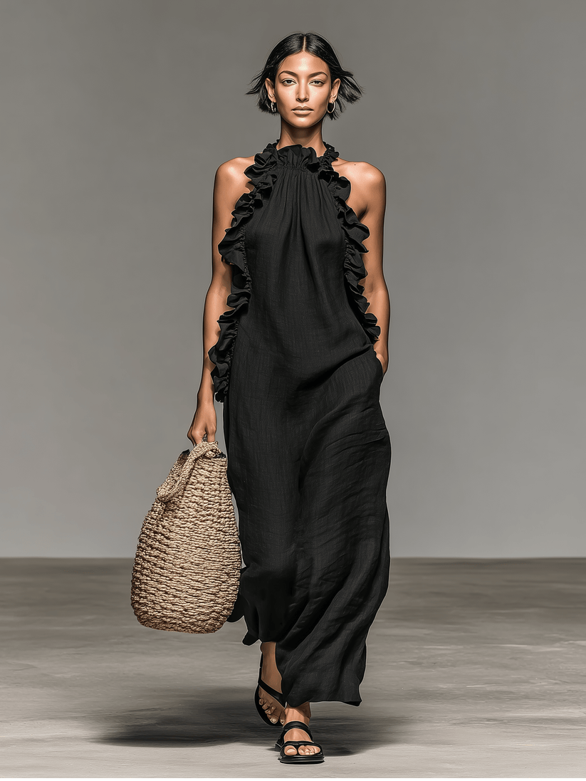 Fiora - Robe Longue Sans Manches À Volants, Col Licou Et Poches