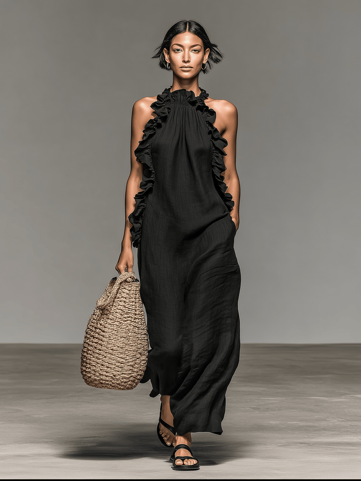 Fiora - Robe Longue Sans Manches À Volants, Col Licou Et Poches