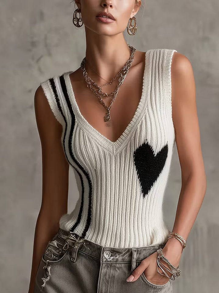 Sutchai - Gilet sans Manches à Motif Cœur jacquard Contrasté