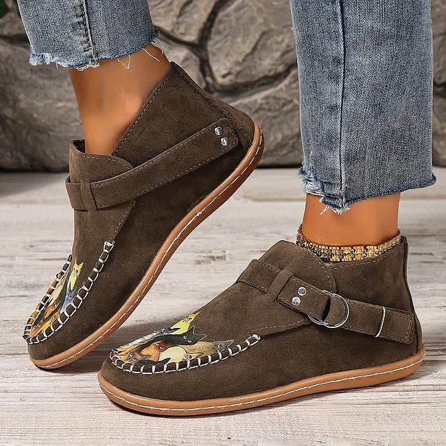 Viktoriy - Bottines Plates à Imprimé Chat et Boucle