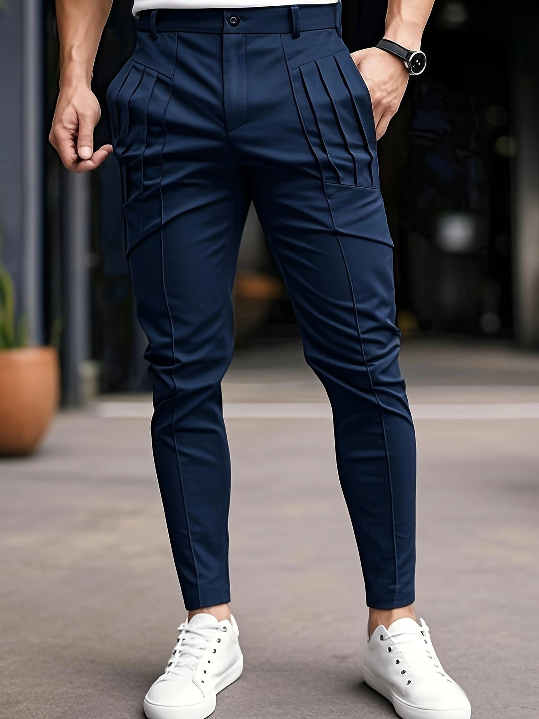 Alexey - Pantalon Décontracté À Coupe Ajustée À Plis Et Poches en Biais