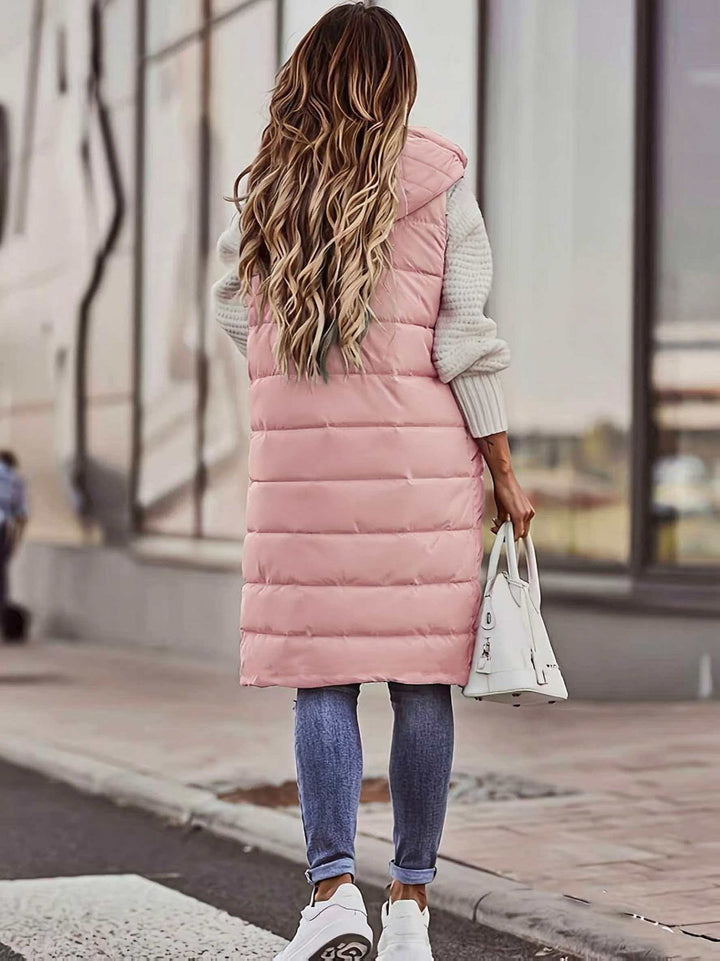 Maryanne - Gilet Matelassé Long à Capuche et Poches