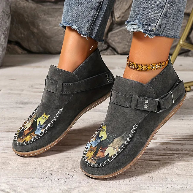 Viktoriy - Bottines Plates à Imprimé Chat et Boucle