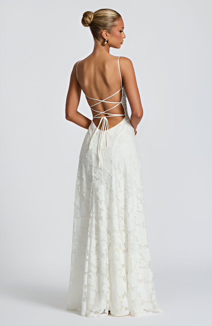 Alona - Robe Longue en Dentelle Florale À Bretelles Fines