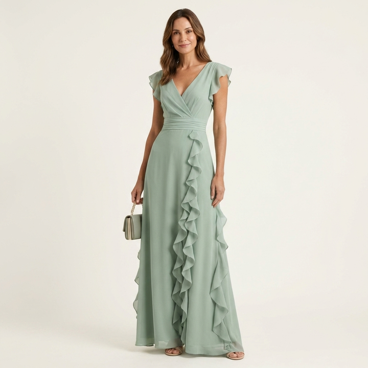 Nellyana - Robe Longue Décontractée À Col en V Manches Flottantes et Volants