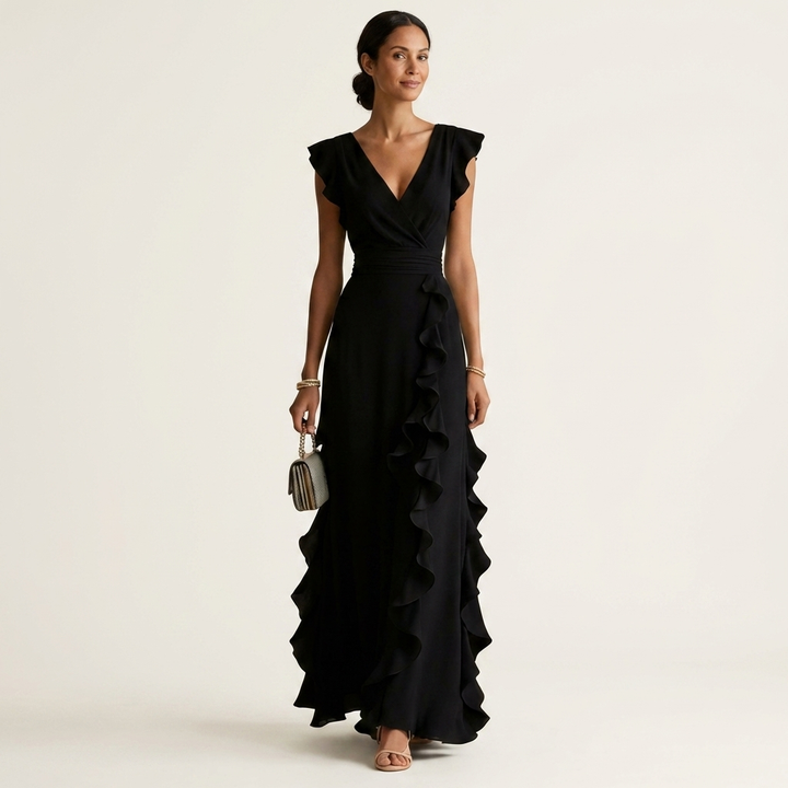 Nellyana - Robe Longue Décontractée À Col en V Manches Flottantes et Volants