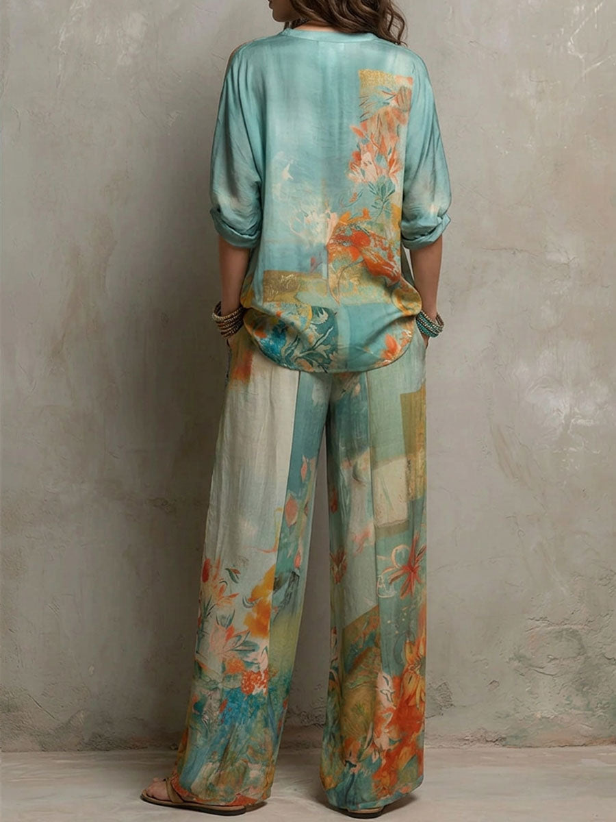 Chiaran - Ensemble à Imprimé Floral avec Pantalon à Jambes Larges