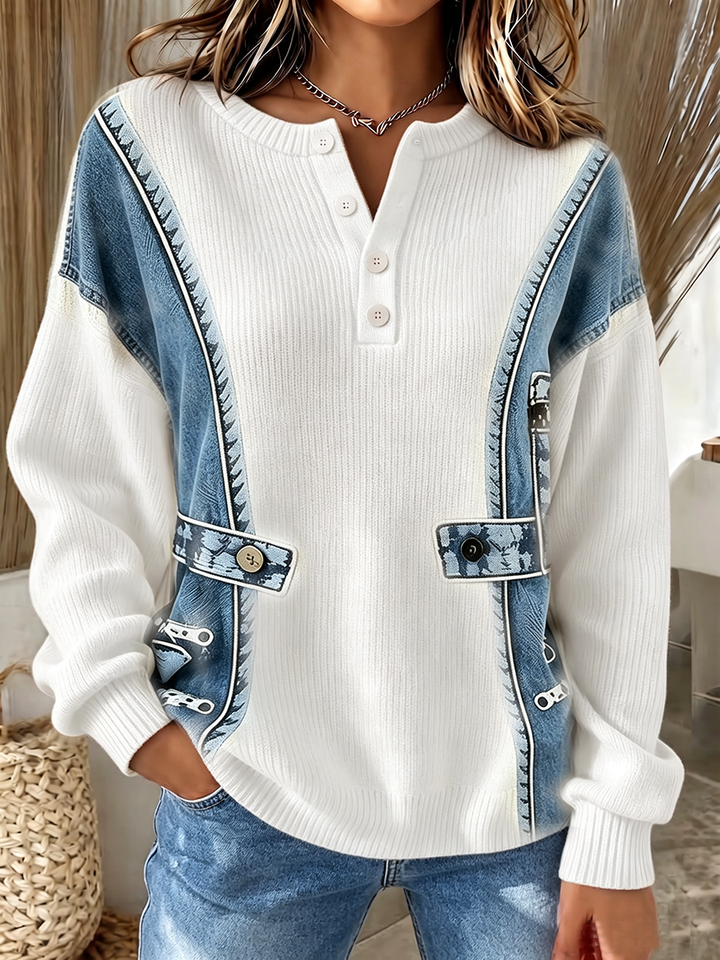Benija - Pull Décontracté en Maille Imprimé Denim 3d