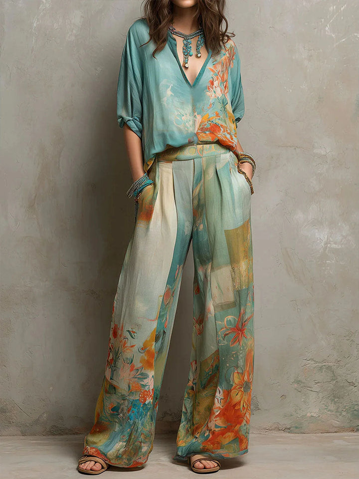 Chiaran - Ensemble à Imprimé Floral avec Pantalon à Jambes Larges