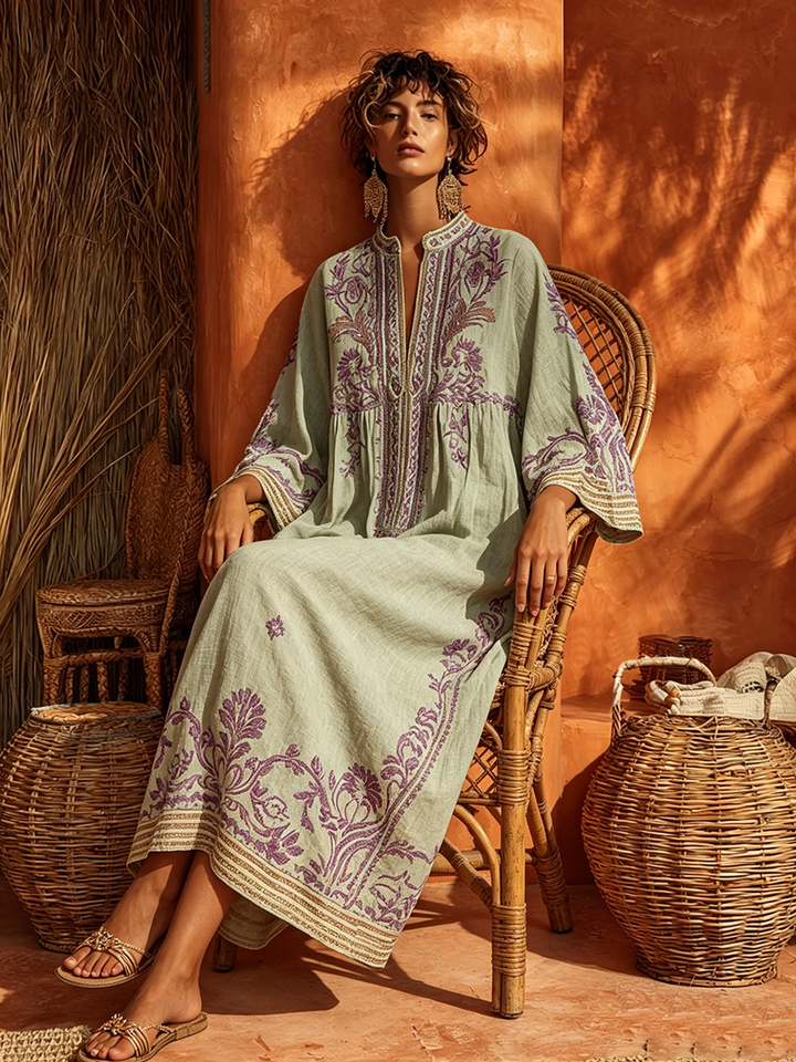 Sariana - Robe Bohème Brodée à Encolure en V