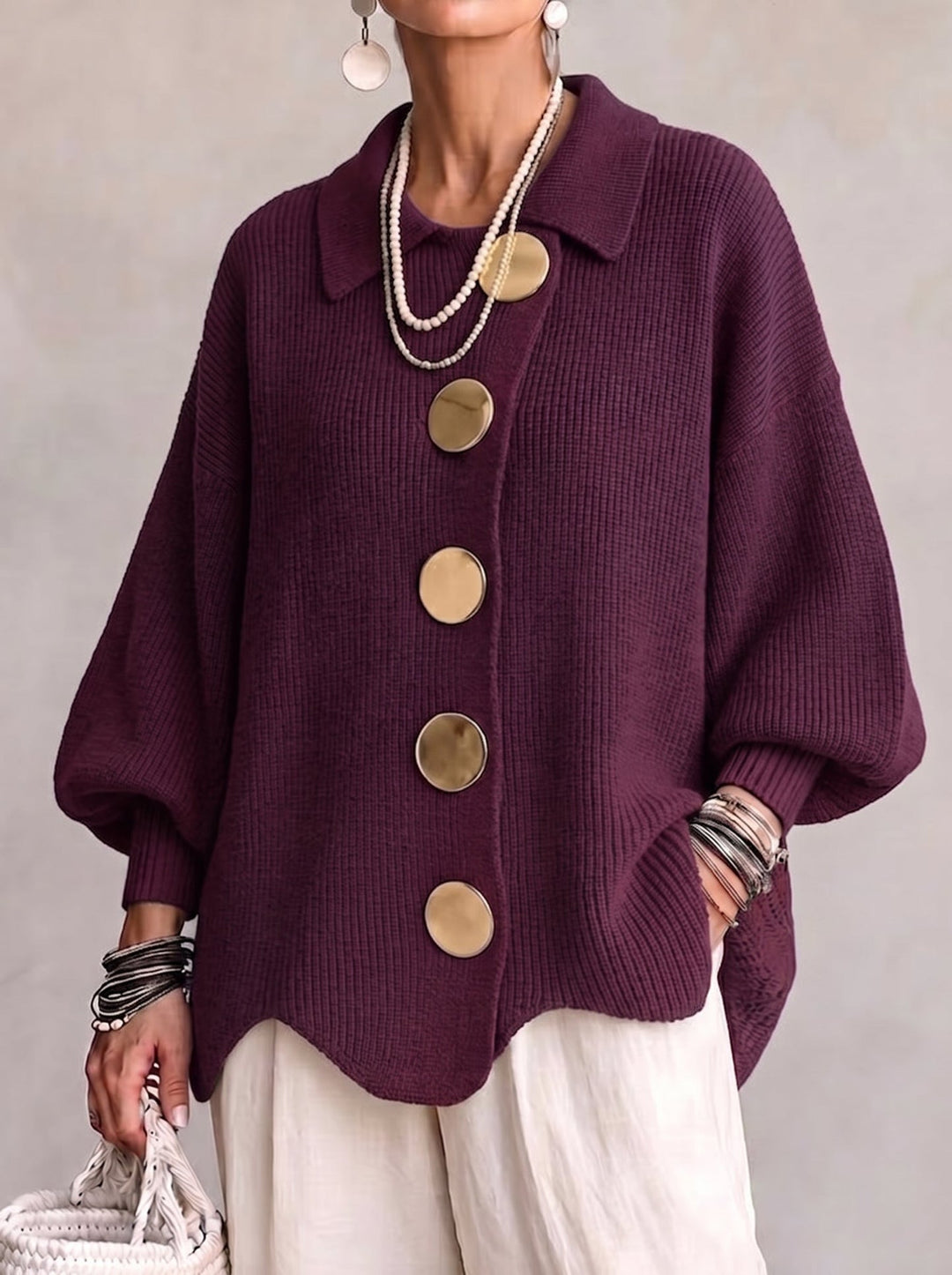 Shiryl - Long Sleeve Collared Button Up Knit Cardigan