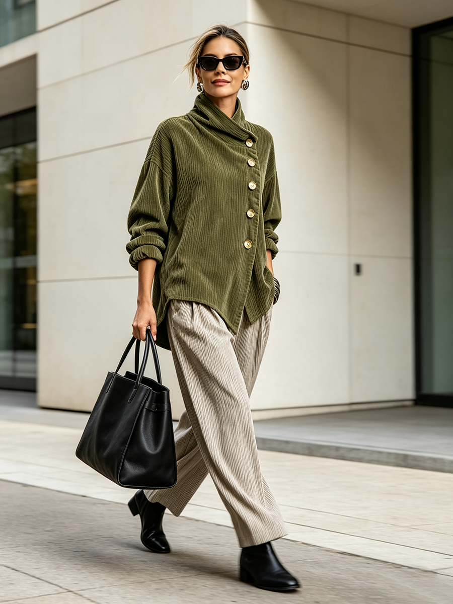Moniza - Pull Asymétrique en Velours Côtelé À Boutons
