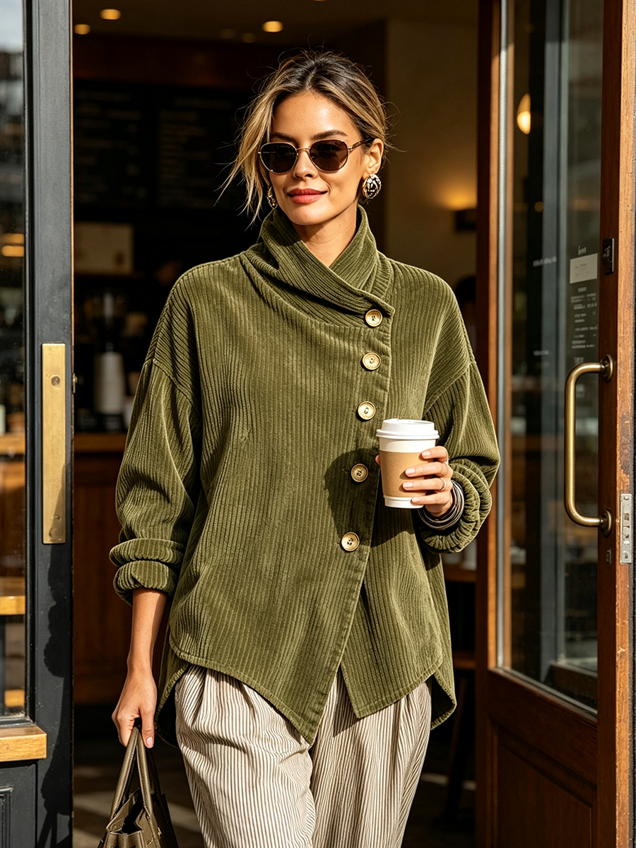 Moniza - Pull Asymétrique en Velours Côtelé À Boutons