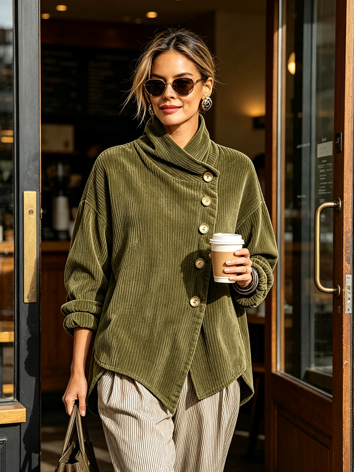 Moniza - Pull Asymétrique en Velours Côtelé À Boutons