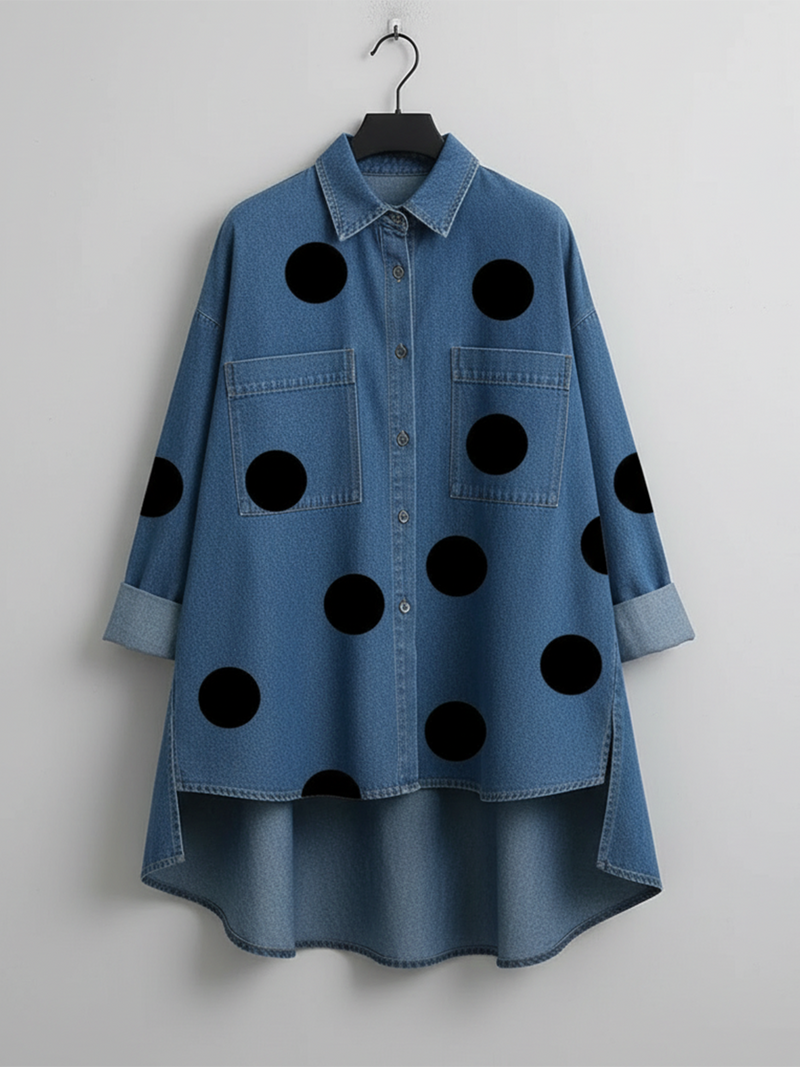 Shayner - Chemise en Jean à Manches Longues à Pois et Boutons