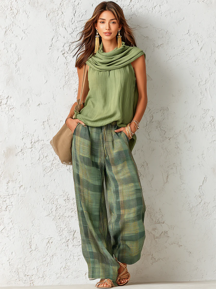 Nidya - Ensemble Haut sans Manches et Pantalon à Jambes larges à carreaux