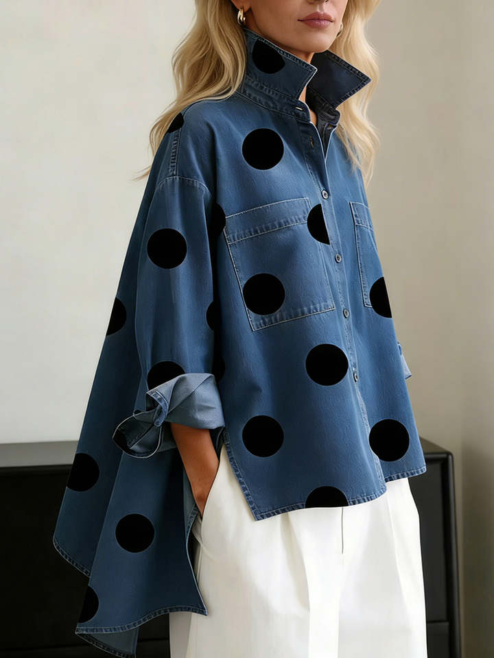 Shayner - Chemise en Jean à Manches Longues à Pois et Boutons