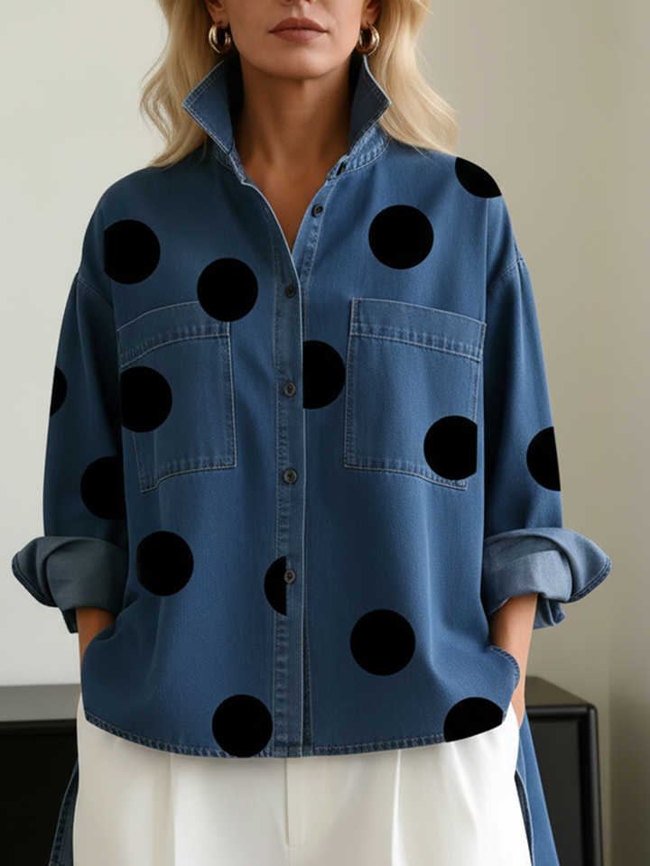 Shayner - Chemise en Jean à Manches Longues à Pois et Boutons