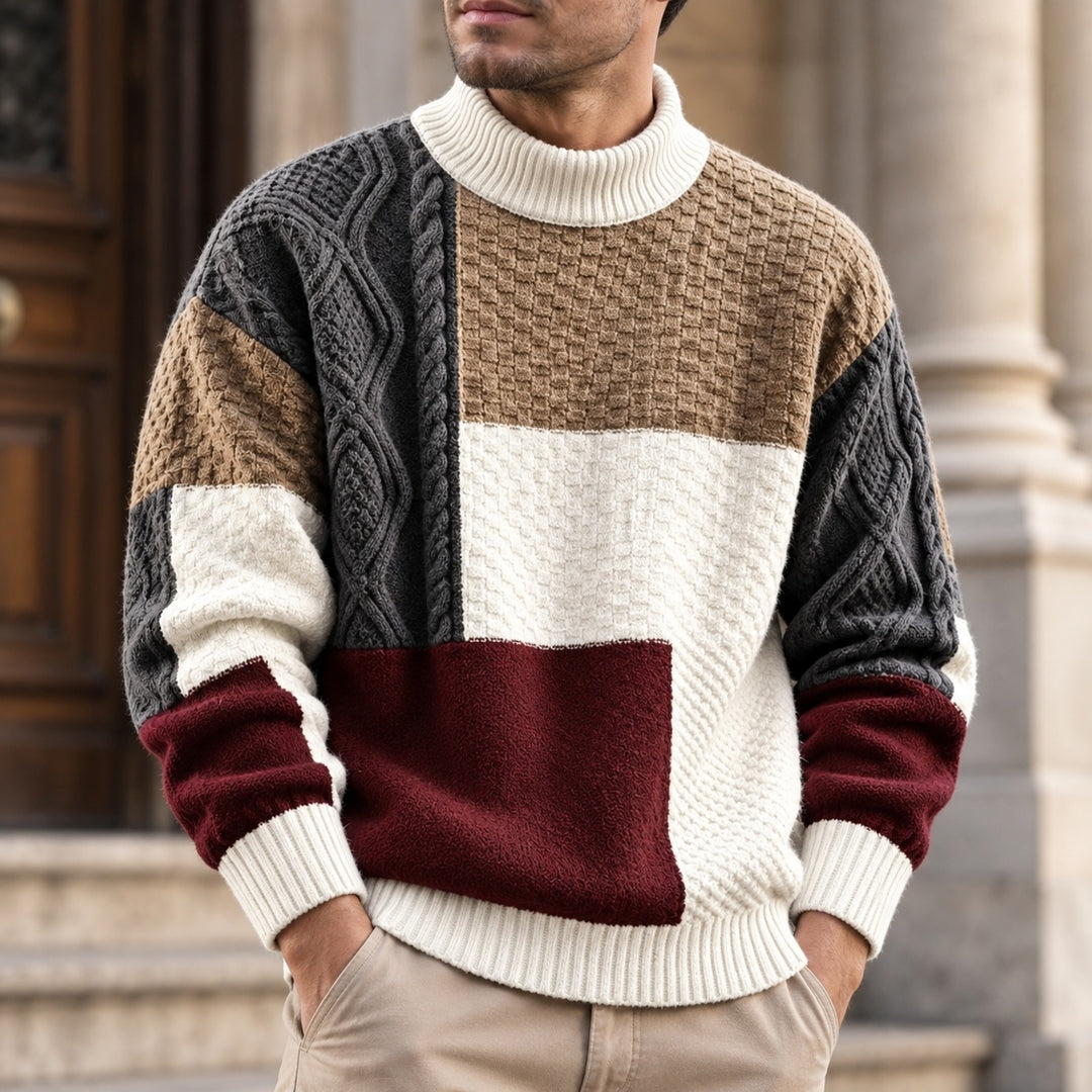 Trevon - Pull en Maille Torsadée Patchwork