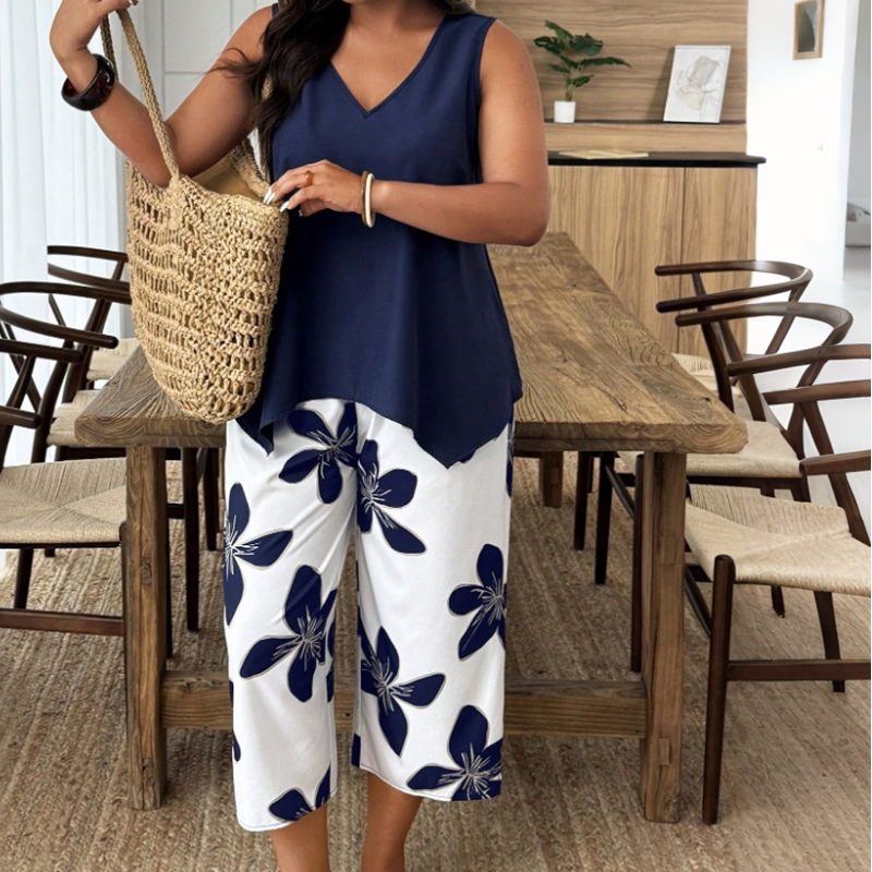 Aniza - Haut Asymétrique et Pantacourt à Motifs Floraux