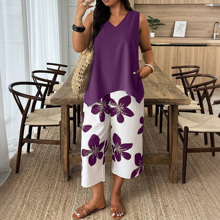 Aniza - Haut Asymétrique et Pantacourt à Motifs Floraux