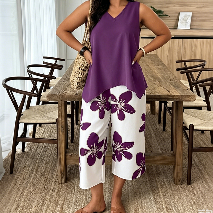 Aniza - Haut Asymétrique et Pantacourt à Motifs Floraux